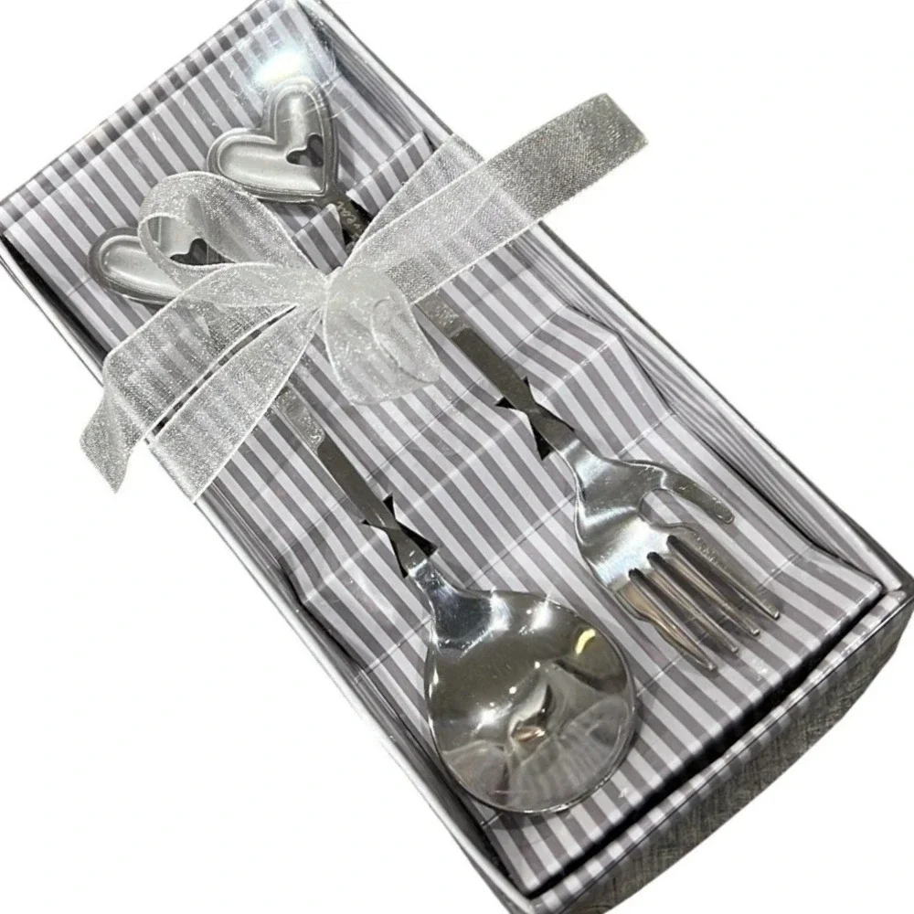 Heart Handle Fork Spoon Set Silver Stainless Steel Wedding Bridal Shower Gift